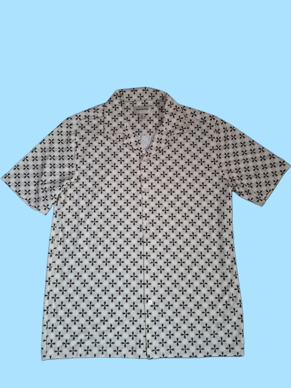 Men's Short-Sleeve Button-Up Shirt - White with Black Geometric Print